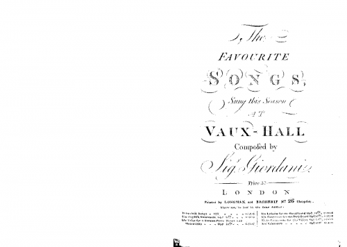 Giordani - The Favourite Songs Sung this Season at Vaux-Hall - Score