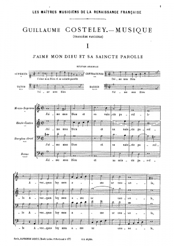 Costeley - Jâaime mon dieu et sa saincte parolle - Score