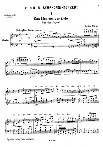 Mahler - ''Das Lied von der Erde'' - Von der Jugend For Piano solo - Score