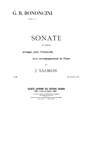 Bononcini - Cello Sonata - For Cello and Piano (Salmon) - Piano-Cello score