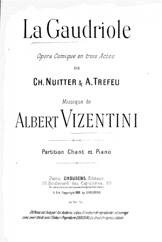 Vizentini - La gaudriole - Vocal Score - Score