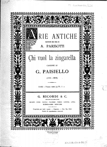 Paisiello - I zingari in fiera - Vocal Score Aria: 'Chi vuol la zingarella' - Score