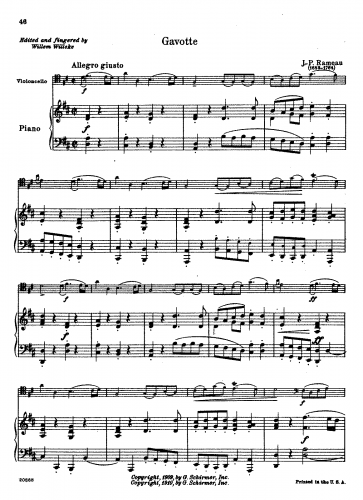 Rameau - Gavotte - For Cello and Piano (Willeke) - Piano Score