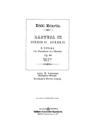 Melartin - Lastuja IV - Piano Score - Score