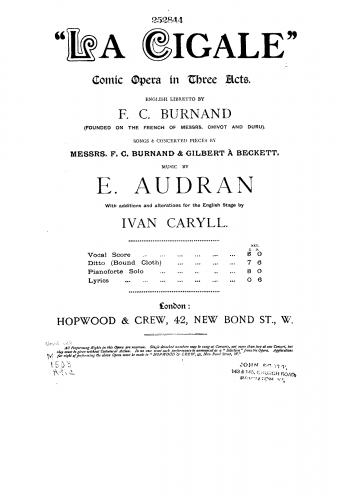 Audran - La cigale et la fourmi - Vocal Score Three-Act English Version - Score