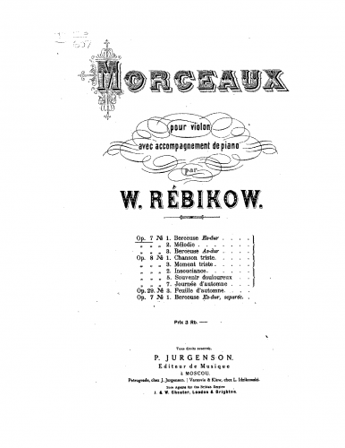 Rebikov - 3 Morceaux - Score