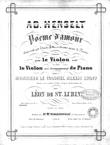 Saint-Lubin - Andante et  Etude concertante transcrit pour le Violon seul - Score