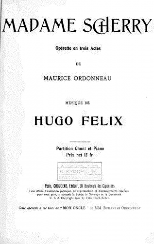 Felix - Madame Sherry - Vocal Score - Score