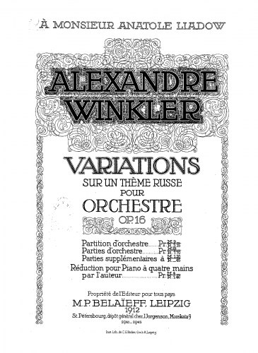 Winkler - Variations sur un thème russe - For Piano 4 Hands (Winkler) - Score