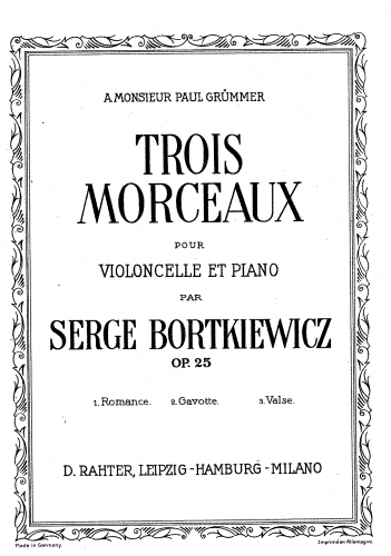Bortkiewicz - 3 Morceaux - Piano Score and Cello Part