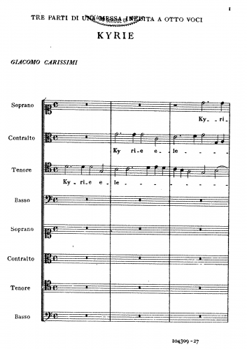 Carissimi - Tre parti di una messa inedita a otto voce - Score
