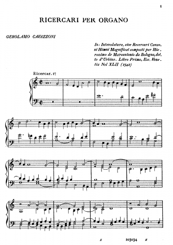 Cavazzoni - Ricercari per Organo - Score