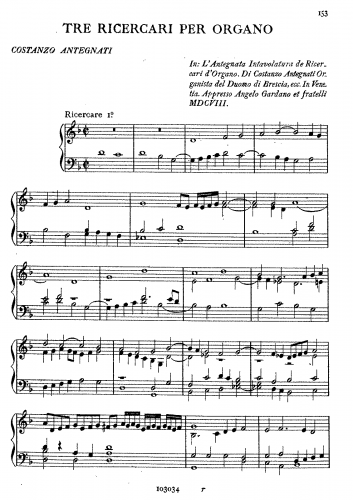 Antegnati - 3 Ricercare for Organ - Score
