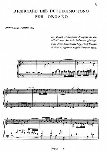 Padovano - Ricercare del Duodecimo Tono per Organo - Score