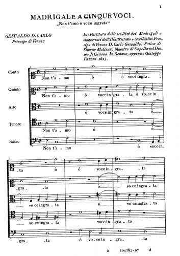 Gesualdo - 5 Madrigals - Score