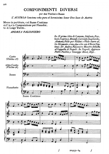 Falconieri - Il primo libro di Canzone, Sinfonie, Fantasie, Capricci, Brandi, Correnti, Gagliarde, Alemane, Volte - Scores and Parts Selections - Score
