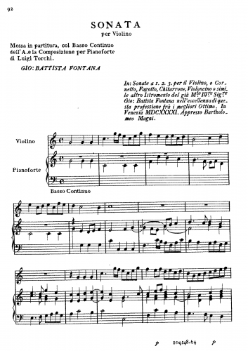 Fontana - Sonate a 1 2. 3. per il violin, o cornetto, fagotto, chitarone, violoncino o simile altro istromento - Scores and Parts Sonata No. 3 - Score