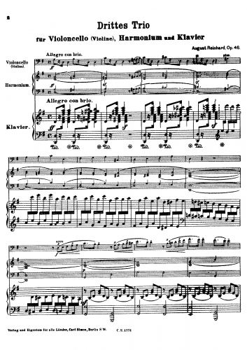 Reinhard - Trio No. 3 for Cello (Violin), Harmonium and Piano, Op. 46 - Complete Score, also Piano Part - Score