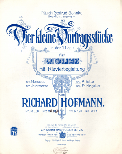 Hofmann - 4 Kleine Vortragsstücke, Op. 127 - Scores and Parts