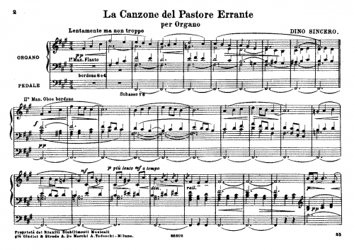 Sincero - La Canzone del pastore errante - Organ Scores - Score