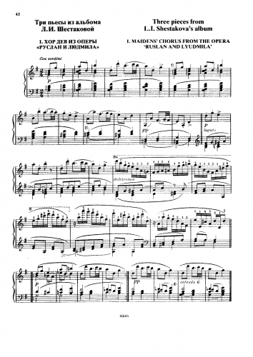 Glinka - Ruslan and Ludmila - Chorus of Maidens (Act IV, No. 21) For Piano solo (Shestakova) - Score