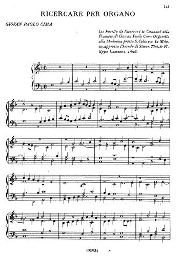 Cima - Ricercare per Organo - Organ Scores - Score