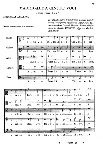 Gagliano - Il Sesto Libro de' Madrigali a cinque voci di Marco Da Gagliano Maestro di Cappella del Serenissimo Gran Duca di Toscana. - Arrangements and transcriptions Su l'Africanne arene - Score