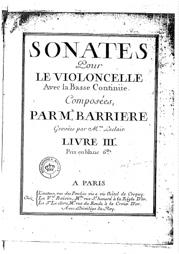 Barrière - 6 Cello Sonatas, Book 3 - Score