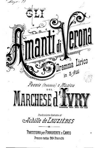 Ivry - Les amants de Vérone - Vocal Score - Score