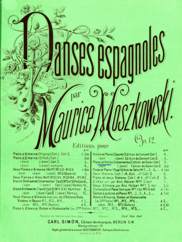 Moszkowski - 5 Spanish Dances, Op. 12 - Selections For Violin and Piano (Scharwenka) - Nos.1-3 - Piano Score, Violin part