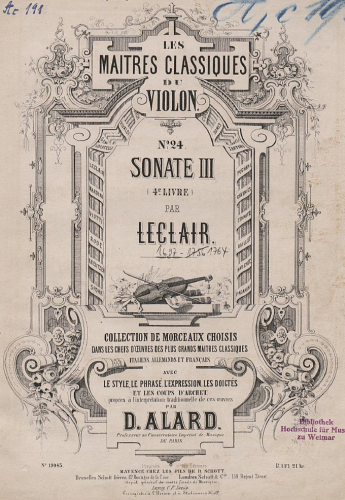 Leclair - 12 Sonatas for Violin and Continuo, Op. 9 - No. 3. Sonata in D major "Tombeau" For Violin and Piano (Alard) - Piano Score