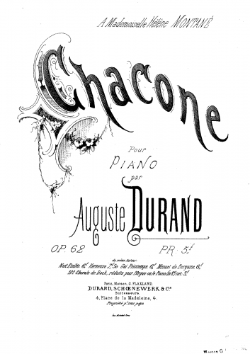 Durand - Chaconne - For Piano Solo (composer?) - Score