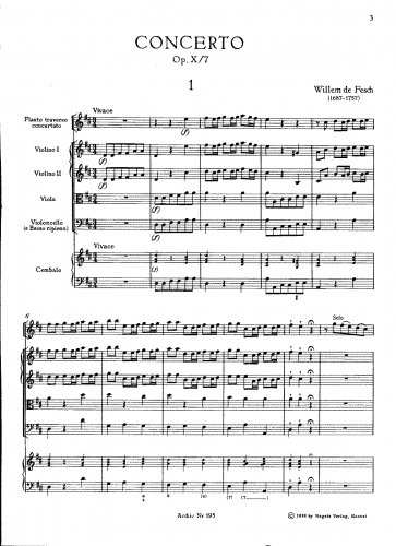 Fesch - 8 Concertos, Op. 10 - Scores and Parts Flute Concerto in D major (No. 7) - Score