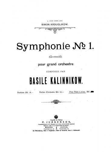 Kalinnikov - Symphony No. 1 in G minor - For Piano 4 hands - Score