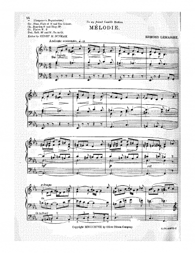 Lemaigre - Douze Pieces pour l'Organ - Organ Scores Selections - VI. Mélodie in E♭ major