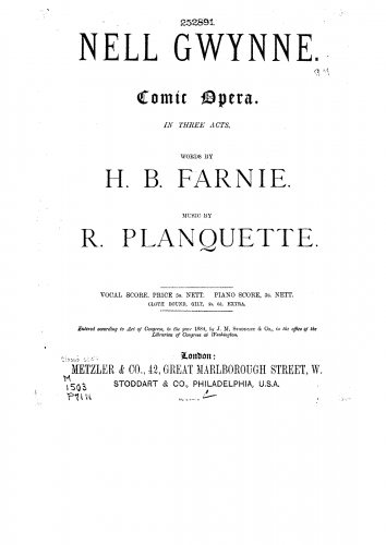 Planquette - Nell GwynneLa Princesse Colombine (1886 revival) - Vocal Score - Score