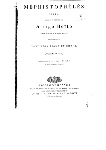 Boito - Mefistofele - Vocal Score - Score
