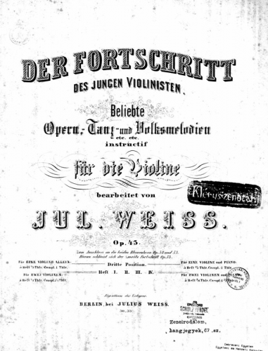 Weiss - Beliebte Opern-, Tanz- u. Volksmelodien instructif f. Violine bearb. 3te Position - Score