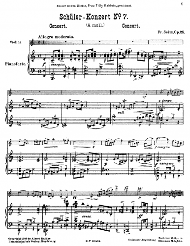 Seitz - Student Concerto No. 7, Op. 25 - For Violin and Piano - Score