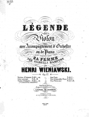 Wieniawski - Legende - For Violin and Piano (Composer) - Piano Score