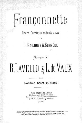 Lavello - Françonnette - Vocal Score - Score