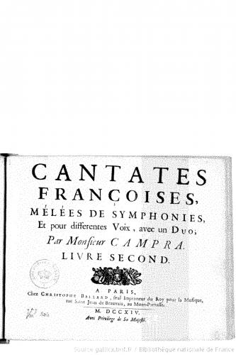 Campra - Cantates françoises, melées de symphonies... - Vocal Score - Livre 2