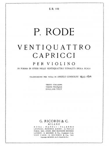 Rode - 24 Caprices for Violin - For Viola (Consolini) - Score