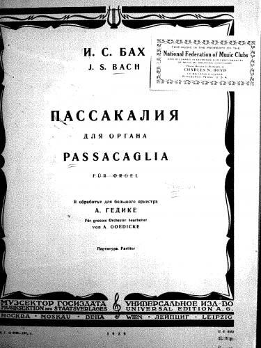 Bach - Passacaglia in C minor - For Orchestra (Gedike) - Score
