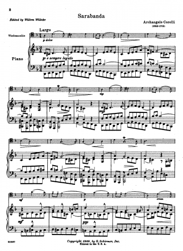 Corelli - 12 Violin Sonatas, Op. 5 - Sonata No. 8 in E minor For Cello and Piano (Willeke) - III. Sarabande - Complete Score