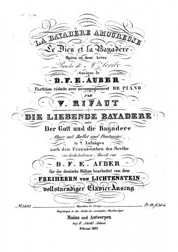 Auber - Le dieu et la bayadère, ou La courtisane amoureuse - Vocal Score - Vocal Score