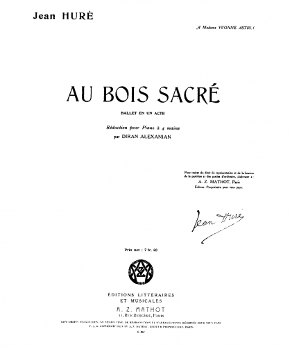 Huré - Au bois sacré - For Piano 4 Hands (Alexanian) - Score