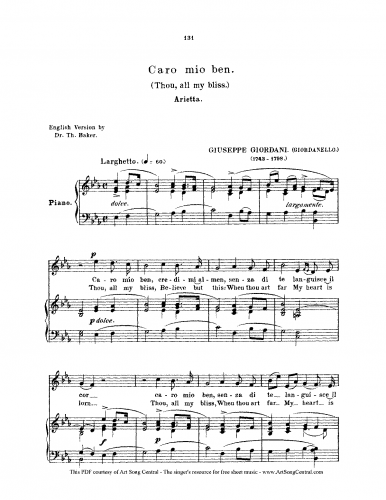 Giordani - Caro Mio Ben - For Voice and Piano (Parisotti) - Score