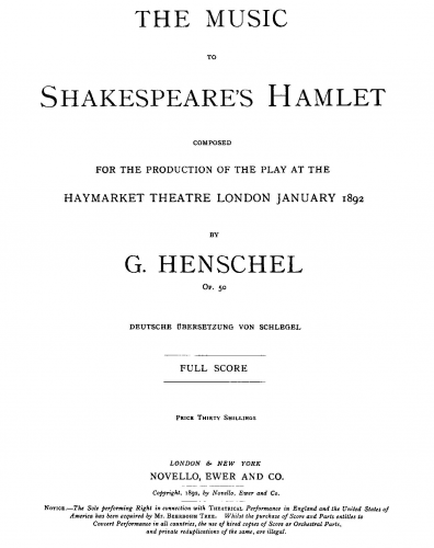 Henschel - The Music to Shakespeare's Hamlet - Score