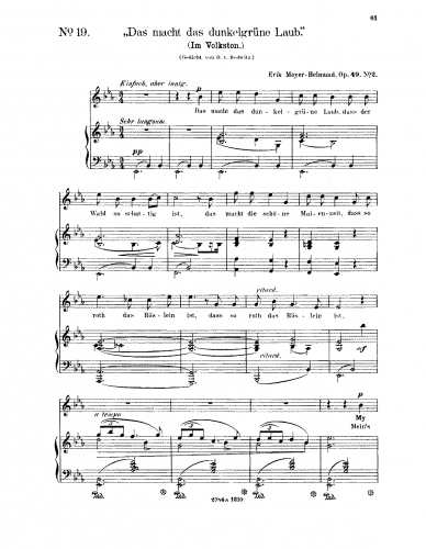 Meyer-Helmund - Drei Lieder - 2. Das macht das dunkelgrüne Laub (E♭ major)